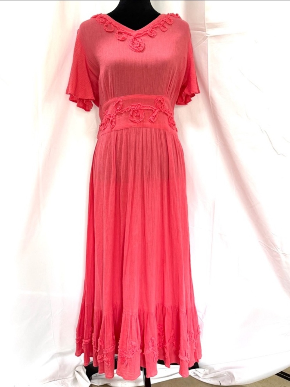 Vintage 100% Cotton Gauze Women's Maxi Dress in Coral Pink Salmon
